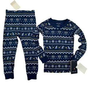 NEW Petit Lem Sleep Kids Pajamas Set Size 2 Blue Hanukkah Menorah Organic Cotton